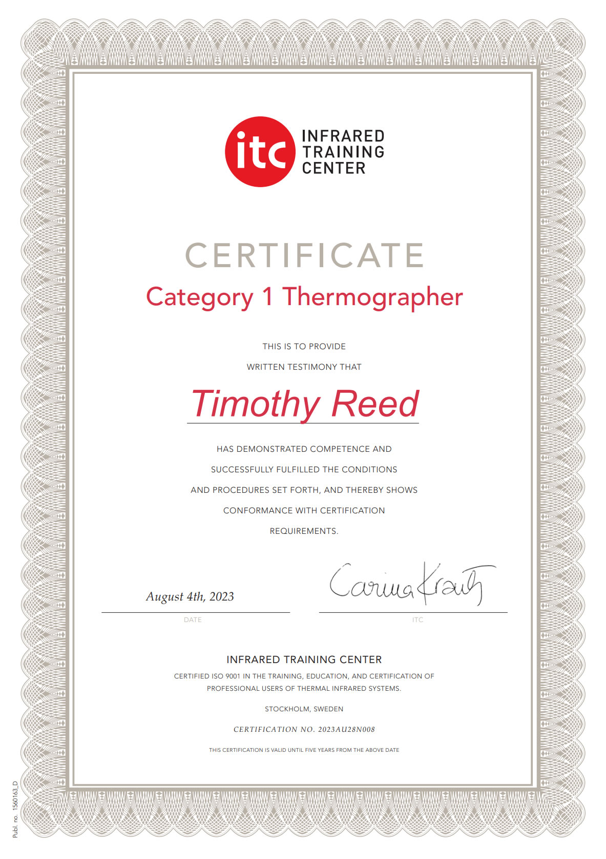 Tim Reed ITC Level 1 Certification Certificate